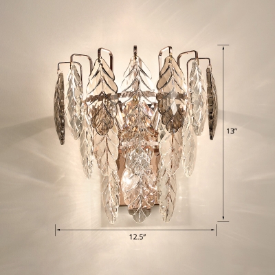 Clear K9 Crystal Leaf Wall Lamp Contemporary 3 Lights Rose Gold Wall Sconce Light for Bedroom