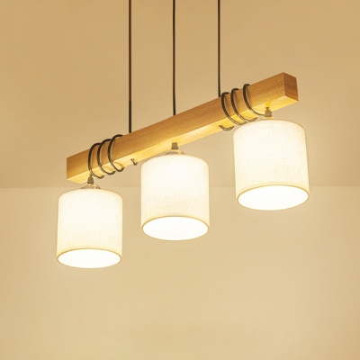 Cylindrical Fabric Island Pendant Light Nordic 3 Bulbs Wood Suspension Lamp for Open Kitchen
