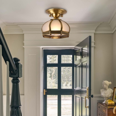 Dome Cream Glass Semi Flush Light Simplicity 1 Bulb Corridor Ceiling Flush Mount in Brass