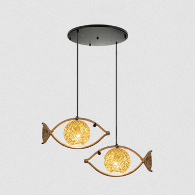 Fish Shaped Restaurant Commercial Pendant Lighting Rustic Rattan Single Brown Hanging Lamp