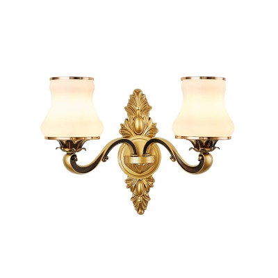 Frosted White Glass Wall Sconce Antique Brass Finish Pear Shaped Bedroom Wall Lamp