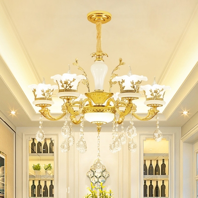 Gold Flared Ceiling Chandelier Antique Frost Glass Dining Room Hanging Light with Crystal Strand