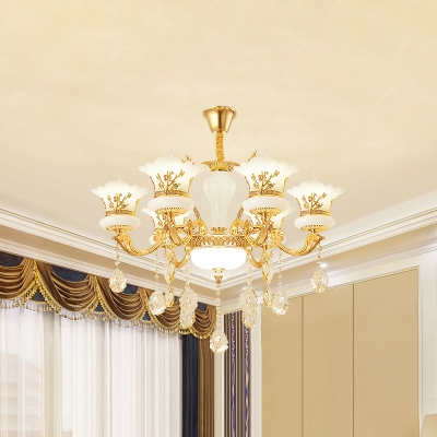 Gold Flared Ceiling Chandelier Antique Frost Glass Dining Room Hanging Light with Crystal Strand