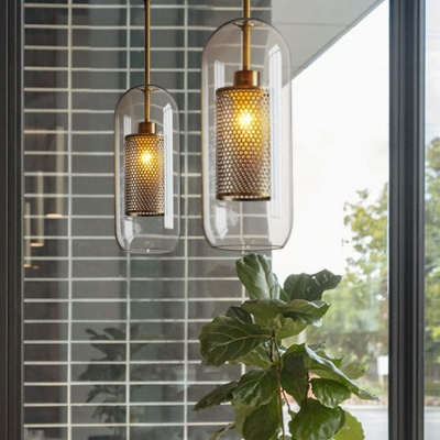 Gold Mesh Screen Pendant Lighting Minimalist 1-Light Metal Hanging Lamp with Clear Glass Shade