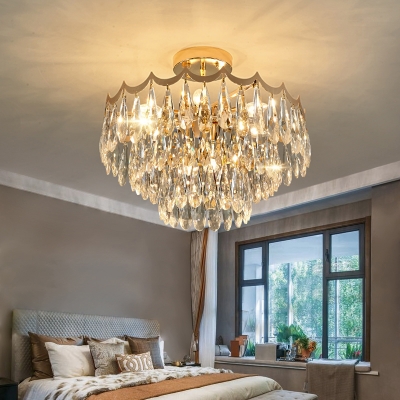 Layered Crystal Droplets Flush Chandelier Modern 9 Lights Gold Semi Flush Light for Bedroom
