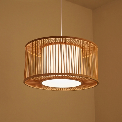 Minimalist Drum Suspension Lighting Bamboo 1 Head Restaurant Pendant Ceiling Light in Wood