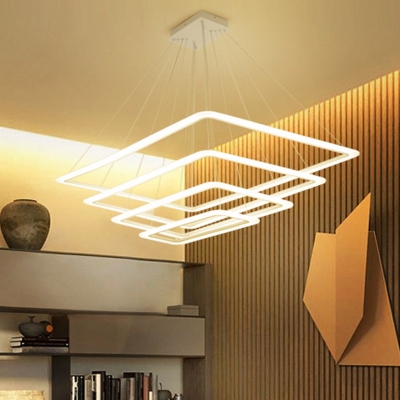 Modern Tiered Rectangle LED Ceiling Lighting Metallic Living Room Chandelier Light in White