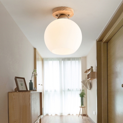 Nordic Style Small Flush Mount Ceiling Light Fixture White Glass 1 Head Kitchen Flushmount in Wood