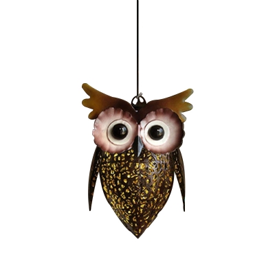 Owl Hollow Metal Solar Suspension Lighting Artistic Brown LED Pendant Light for Outdoor, 1 Piece