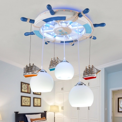 Rudder Flush Light Kids Wooden 3-Head White Finish Ceiling Mount Light with Dangling Dome Milk Glass Shade