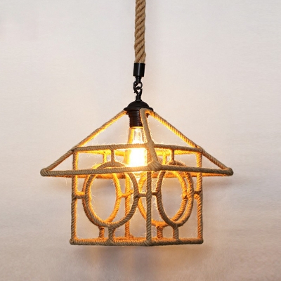 Rustic Geometric Pendant Light Kit 1 Bulb Hand-Wrapped Rope Suspension Lamp in Brown