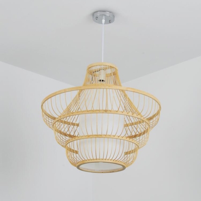 Simplicity Lantern Suspension Light Bamboo 1-Light Restaurant Pendant Light Fixture in Wood