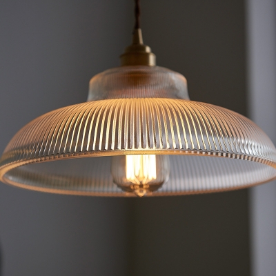 Simplicity Pot Lid Hanging Light 1 Bulb Clear Ribbed Glass Pendant Lighting in Gold