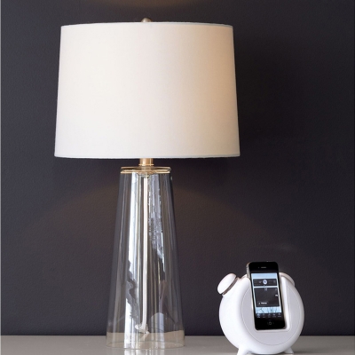 Tapered Fabric Nightstand Light Minimalist 1-Bulb White Table Lamp with Conical Glass Base