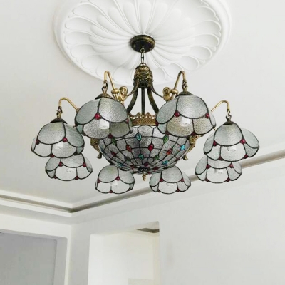 Tiffany Scalloped Floral Ceiling Lighting Ripple Glass Chandelier Light Fixture in Bronze