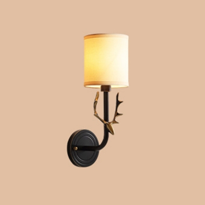 Wall Lighting Ideas Rustic Cylindrical Fabric Wall Mount Light with Antler Decoration