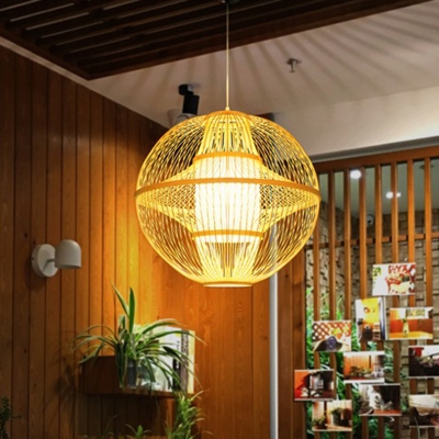 Wood Cage Style Pendant Lighting Minimalistic 1-Light Bamboo Ceiling Suspension Lamp