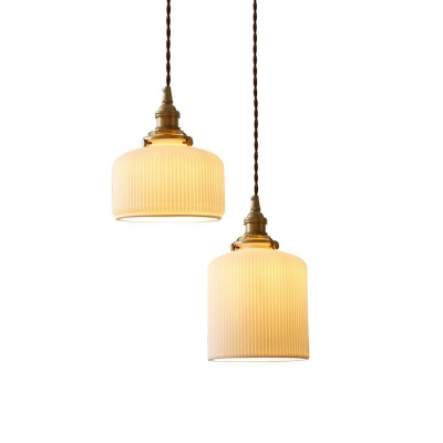 1 Bulb Hanging Lighting Simplicity Lantern Drum Ceramic Pendant Light Fixture in Brass
