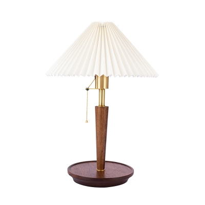 1 Bulb Pleated Fabric Table Light Nordic White Conical Bedside Night Lamp with Pull Chain and Wooden Base