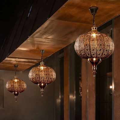 1 Head Hollowed-out Lantern Hanging Light Moroccan Bronze Metal Ceiling Pendant Lamp