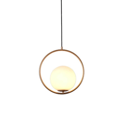 1-Light Living Room Ceiling Lighting Minimalist Pendant Light with Ball White Glass Shade and Ring Stand