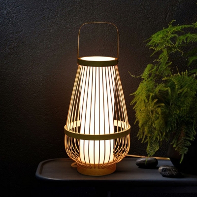 Bamboo Teardrop Shaped Table Light Asian Single-Bulb Wood Night Lamp with Handle