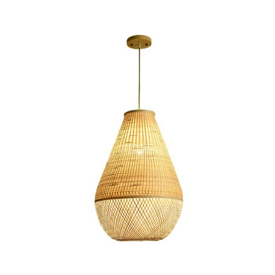 Beige Teardrop Shaped Hanging Lamp Chinese Style 1 Head Bamboo Ceiling Light for Tearoom