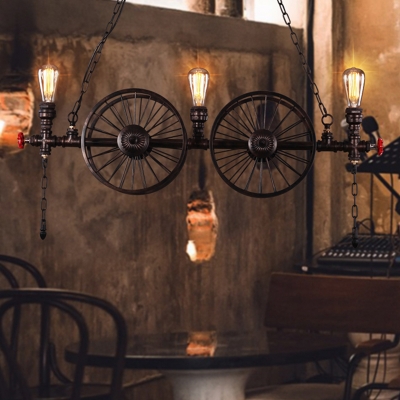 Cast Iron Wheel Island Light Cyberpunk 2/3-head Living Room Ceiling Hang Lamp with Chain and Valve