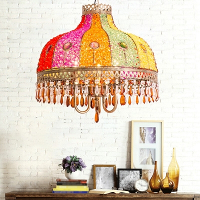 Colorful Glass Cap Shaped Pendant Turkish 1-Light Restaurant Ceiling Hang Light with Crystal Drip