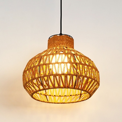 Country Style Shaded Drop Pendant Single-Bulb Hemp Rope Hanging Light Fixture in Brown