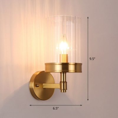 Cylinder Clear Rib Glass Wall Sconce Light Minimalist 1-Light Gold Wall Mount Lighting Fixture