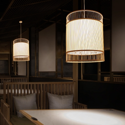 Cylinder Shaded Bamboo Suspension Light Simplicity 1-Light Wood Pendant Light Fixture