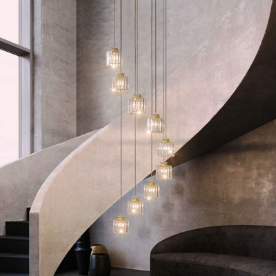 Cylinder Stairway Ceiling Pendant Light Crystal Block Modernist Multiple Hanging Lamp