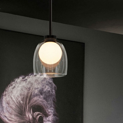 Dome Glass Pendant Ceiling Lamp Modern 1-Light Black Suspension Lighting with Ball Milk Glass Shade