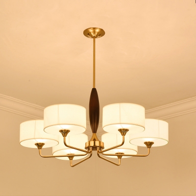 Drum Chandelier Light Fixture Simplicity Brass Fabric Suspension Lamp for Living Room