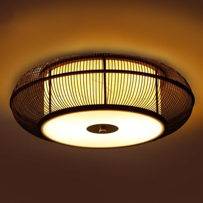 Drum Shaped Dining Room Ceiling Lamp Bamboo 1-Light Minimalist Flush Mount Light Fixture