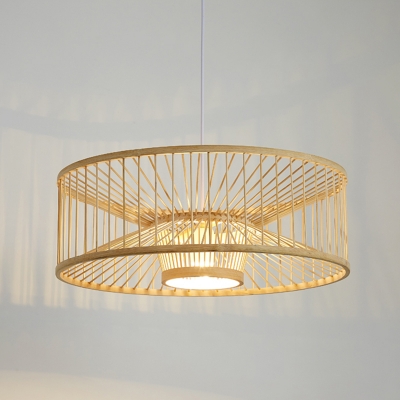 Drum Tea Room Ceiling Light Bamboo Single Modern Style Hanging Pendant Light in Wood