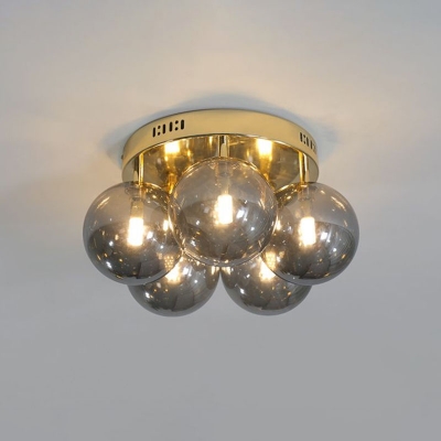 Globe Flush Mount Light Nordic Style Smoked Glass 5 Bulbs Living Room LED Semi Flush Ceiling Light in Gold