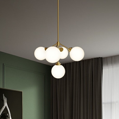 Globe LED Ceiling Lighting Modern Opal Glass 5 Heads Gold Chandelier Light for Dining Room