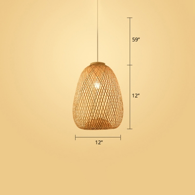 Handmade Pendant Light Contemporary Rattan Single-Bulb Restaurant Suspension Light Fixture in Wood