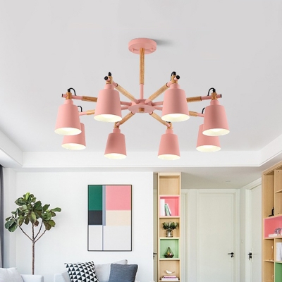 Horn Shaped Metal Chandelier Macaron 8-Head Ceiling Light with Wood Rod for Living Room