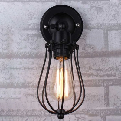 Iron Wire Cage Wall Sconce Industrial Living Room Wall Mounted Light with Adjustable Joint in Black