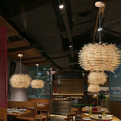Japanese 1-Light Suspension Light Fixture Woven Nest Pendant Lighting with Bamboo Shade