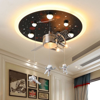 Kids Artificial Satellite Flush Light Metal 3-Bulb Bedroom Ceiling Mounted Fixture in Black