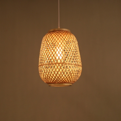 Lantern Ceiling Light Modern Bamboo Single Wood Hanging Pendant Light for Tea Room