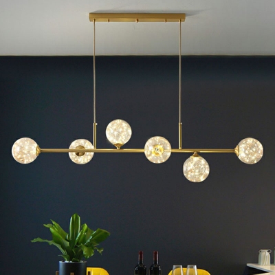 Linear Dining Room Island Pendant Ball Glass 6-Light Postmodern Suspension Light in Brass