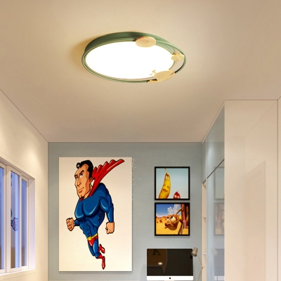 Macaron Circular LED Flush-Mount Light Metal Kids Bedroom Ceiling Fixture with Wooden Cartoon Decorations