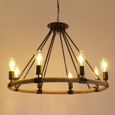 Manila Rope Circle Hanging Light Fixture Farmhouse Dining Room Chandelier in Black
