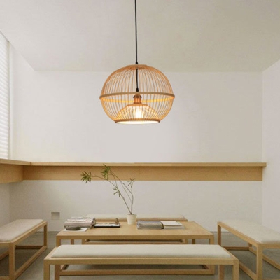 Modern Globe Ceiling Light Bamboo Single Tea Room Hanging Pendant Lighting in Wood