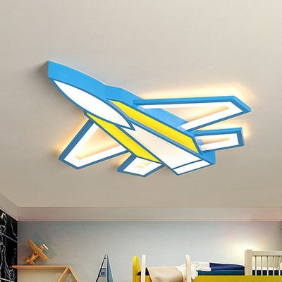 Plane Boys Bedroom LED Flush Mount Lamp Metallic Cartoon Ceiling Light Fixture in Yellow